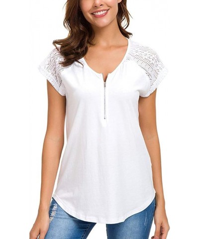 Womens Short Sleeve Zip up Tunic Lace Shoulder Casual Fitting Shirt Blouse Tops White $13.80 Blouses