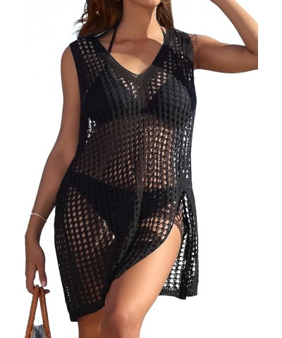 Women's Short Sleeve Crochet Top Side Split Hollow Out Mesh Bathing Suit Cover Ups Dress Swimwear S-XL 2 Black $15.89 Swimsuits