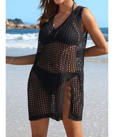 Women's Short Sleeve Crochet Top Side Split Hollow Out Mesh Bathing Suit Cover Ups Dress Swimwear S-XL 2 Black $15.89 Swimsuits