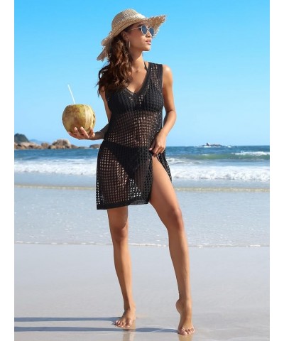 Women's Short Sleeve Crochet Top Side Split Hollow Out Mesh Bathing Suit Cover Ups Dress Swimwear S-XL 2 Black $15.89 Swimsuits