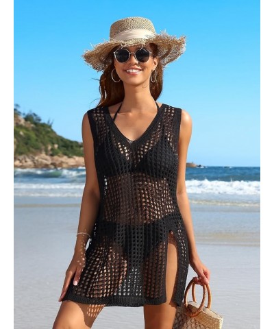 Women's Short Sleeve Crochet Top Side Split Hollow Out Mesh Bathing Suit Cover Ups Dress Swimwear S-XL 2 Black $15.89 Swimsuits