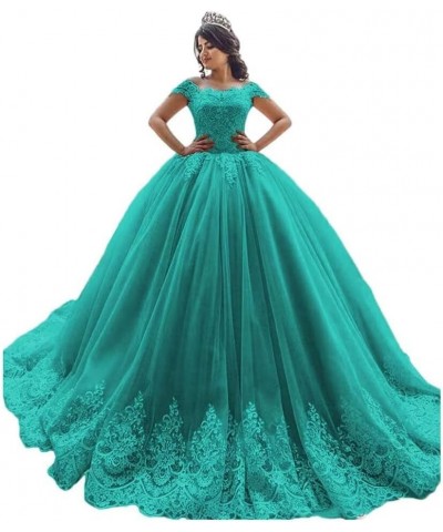 Off Shoulder Quinceanera Dresses Puffy Tulle Ball Gowns with Train Lace Long Prom Dress for Women Turquoise $50.16 Dresses