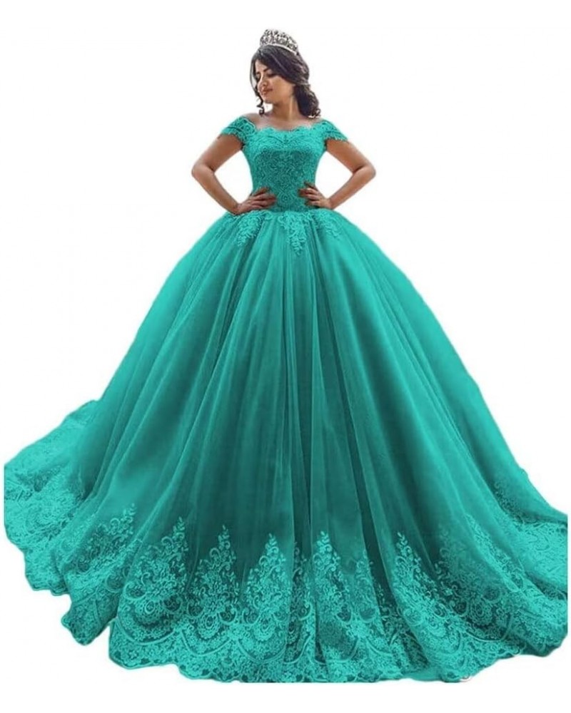 Off Shoulder Quinceanera Dresses Puffy Tulle Ball Gowns with Train Lace Long Prom Dress for Women Turquoise $50.16 Dresses