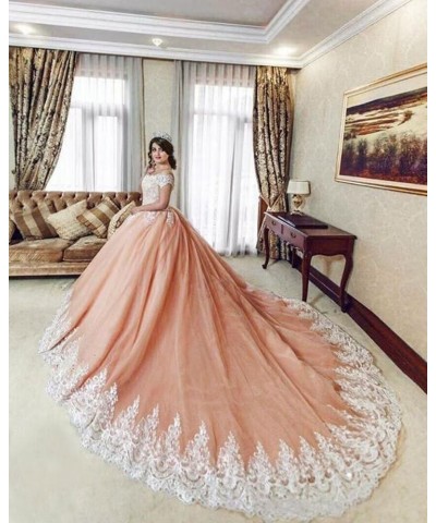 Off Shoulder Quinceanera Dresses Puffy Tulle Ball Gowns with Train Lace Long Prom Dress for Women Turquoise $50.16 Dresses