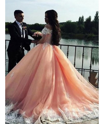 Off Shoulder Quinceanera Dresses Puffy Tulle Ball Gowns with Train Lace Long Prom Dress for Women Turquoise $50.16 Dresses