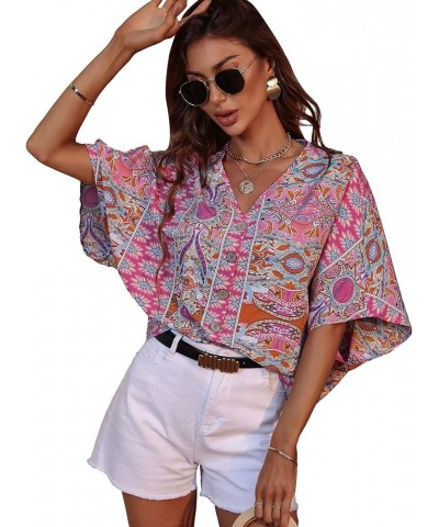 Women's Boho Print V Neck 3/4 Bell Sleeve Button Front Summer Blouse Top Multicoloured Paisley $14.24 Blouses