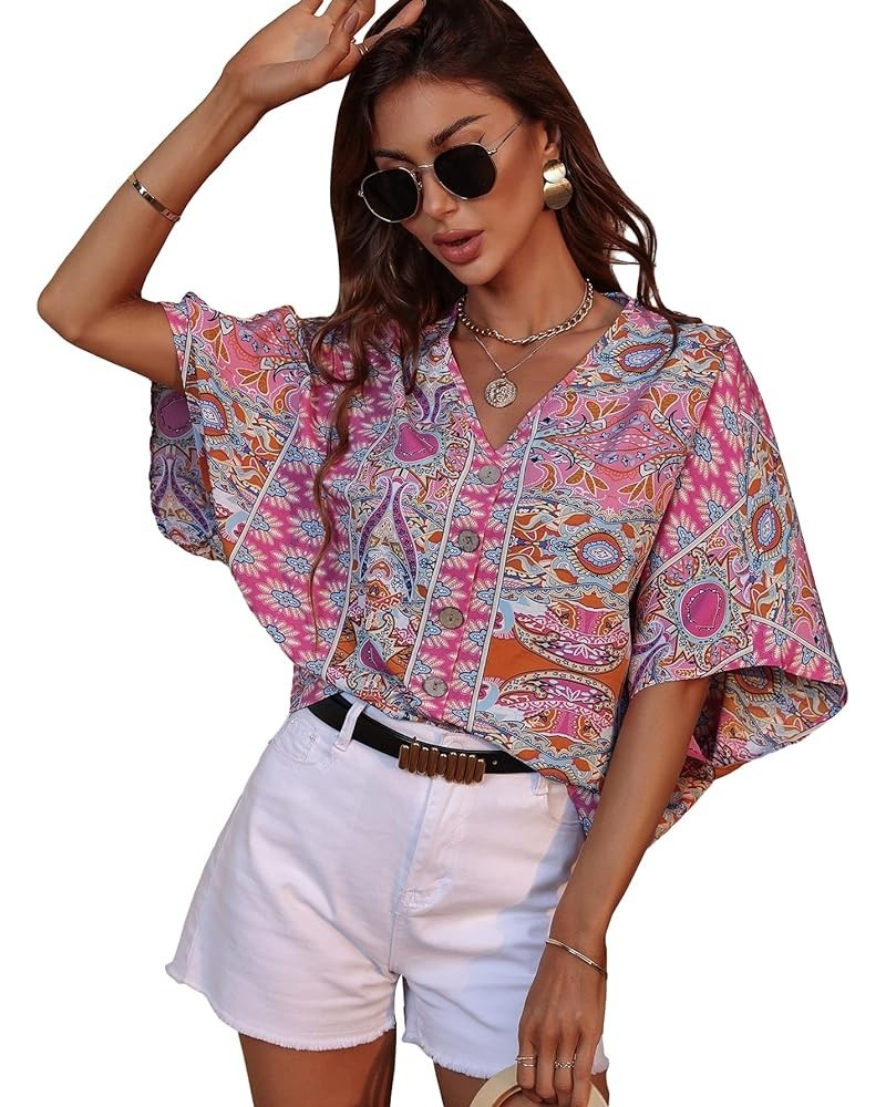 Women's Boho Print V Neck 3/4 Bell Sleeve Button Front Summer Blouse Top Multicoloured Paisley $14.24 Blouses