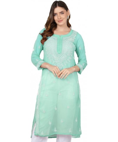 Holi Special Eid Gifts,Lucknow Chikankari Faux Georgettte Semi Transparent Kurti Kurta for Women (K161) Aqua Blue-161 $27.50 ...