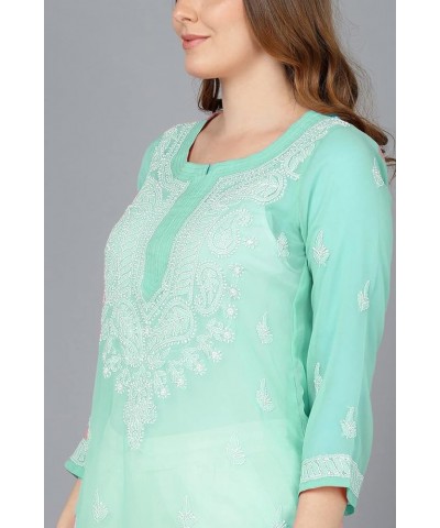 Holi Special Eid Gifts,Lucknow Chikankari Faux Georgettte Semi Transparent Kurti Kurta for Women (K161) Aqua Blue-161 $27.50 ...