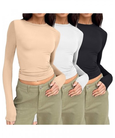 Womens Short/Long Sleeve Ribbed Crop Tops Basic Slim Fitted Shirts Casual Spring Fashion Y2k Tight Tops 04-complexion/White/B...