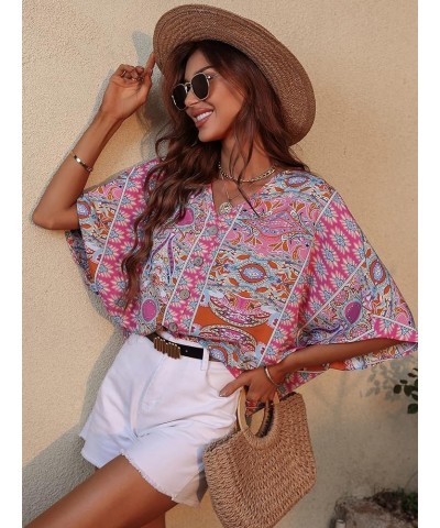 Women's Boho Print V Neck 3/4 Bell Sleeve Button Front Summer Blouse Top Multicoloured Paisley $14.24 Blouses