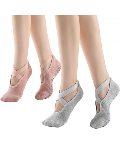 Non-Slip Yoga Socks for Women with Grips for Pilates, Ballet,Pure Barre, Barefoot Workout Light Grey+pink-2p $6.75 Activewear