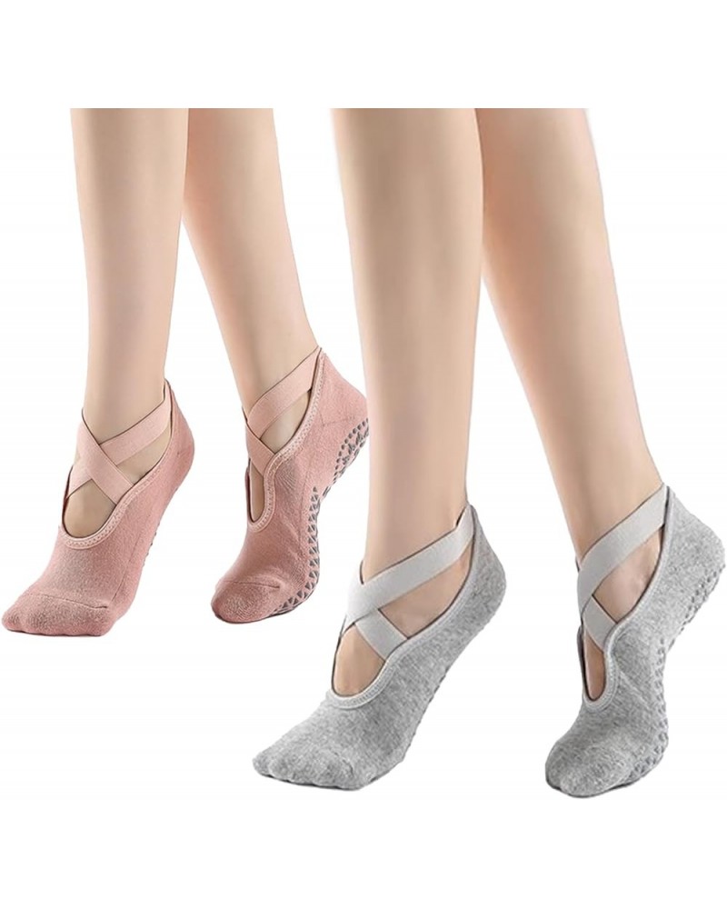 Non-Slip Yoga Socks for Women with Grips for Pilates, Ballet,Pure Barre, Barefoot Workout Light Grey+pink-2p $6.75 Activewear