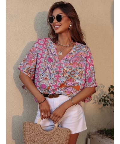 Women's Boho Print V Neck 3/4 Bell Sleeve Button Front Summer Blouse Top Multicoloured Paisley $14.24 Blouses