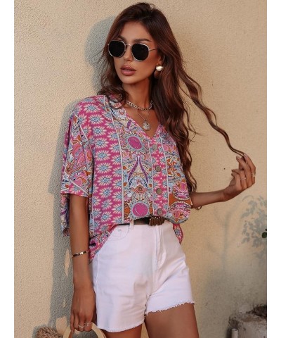 Women's Boho Print V Neck 3/4 Bell Sleeve Button Front Summer Blouse Top Multicoloured Paisley $14.24 Blouses