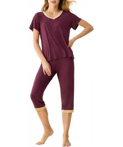 Women's Sleepwear Tops with Capri Pants Pajama Sets Wine Red $19.49 Sleep & Lounge