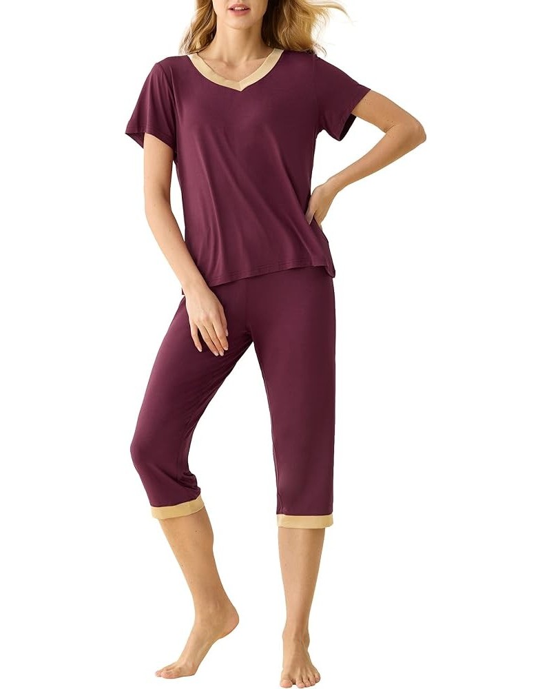 Women's Sleepwear Tops with Capri Pants Pajama Sets Wine Red $19.49 Sleep & Lounge