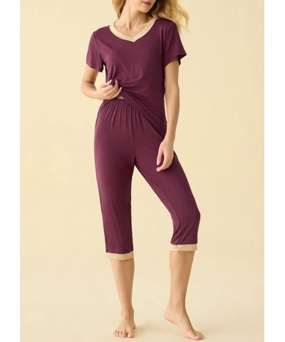 Women's Sleepwear Tops with Capri Pants Pajama Sets Wine Red $19.49 Sleep & Lounge