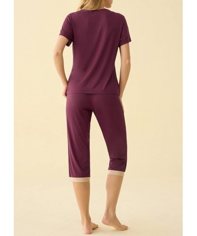 Women's Sleepwear Tops with Capri Pants Pajama Sets Wine Red $19.49 Sleep & Lounge