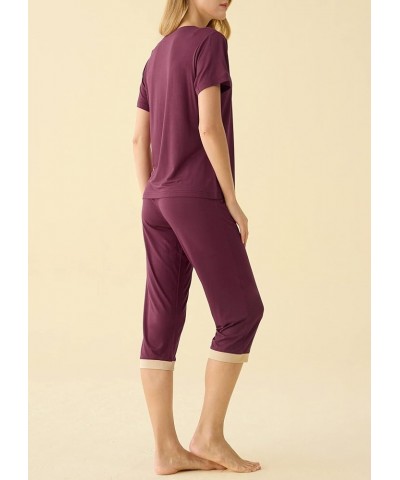 Women's Sleepwear Tops with Capri Pants Pajama Sets Wine Red $19.49 Sleep & Lounge