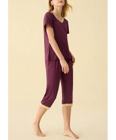 Women's Sleepwear Tops with Capri Pants Pajama Sets Wine Red $19.49 Sleep & Lounge