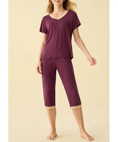 Women's Sleepwear Tops with Capri Pants Pajama Sets Wine Red $19.49 Sleep & Lounge