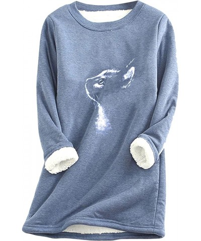 Women's Sherpa Lined Fleece Warm Pullover Cute Cat Print Fuzzy Loungewear Casual Plus Size Tops Blue $17.39 Tops