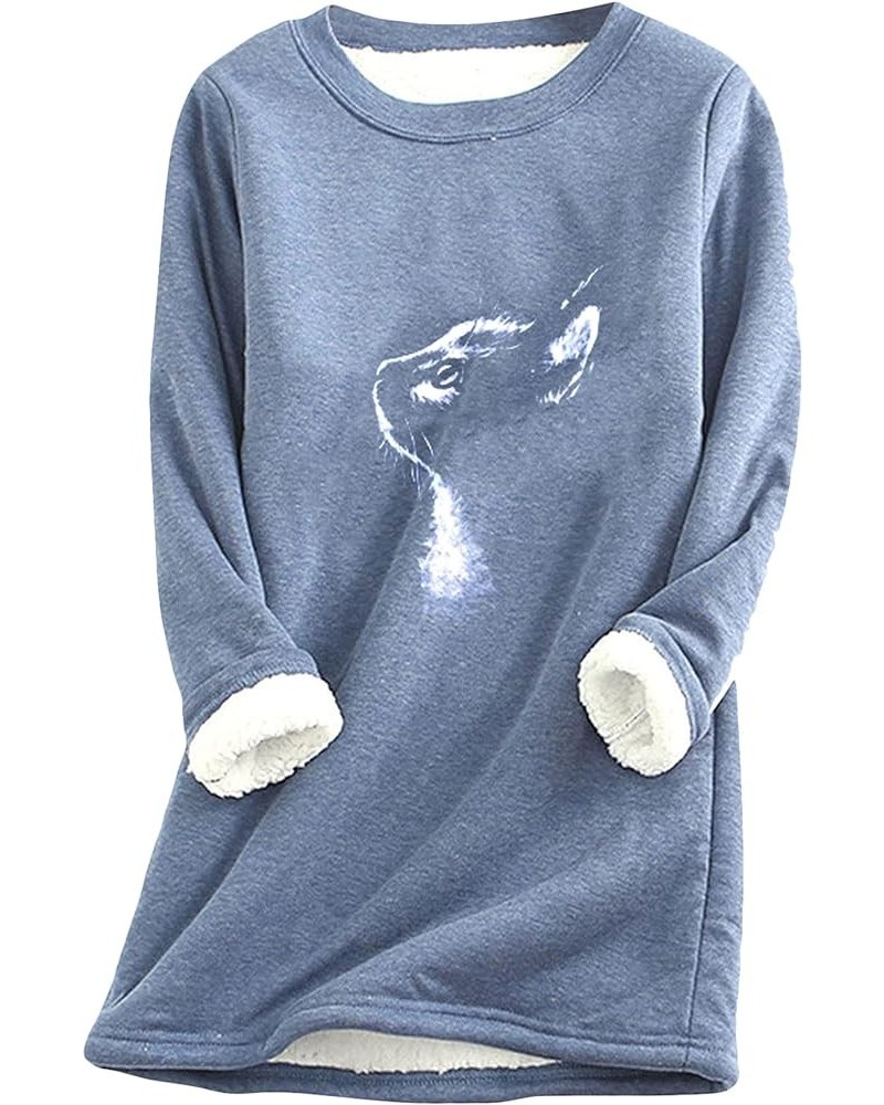 Women's Sherpa Lined Fleece Warm Pullover Cute Cat Print Fuzzy Loungewear Casual Plus Size Tops Blue $17.39 Tops