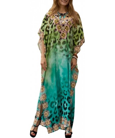 Kaftan Dresses for Women Short sleeve Ethnic Print Caftan Dresses V-neck Bathing Suit Cover-Ups Leopard-green $14.62 Swimsuits