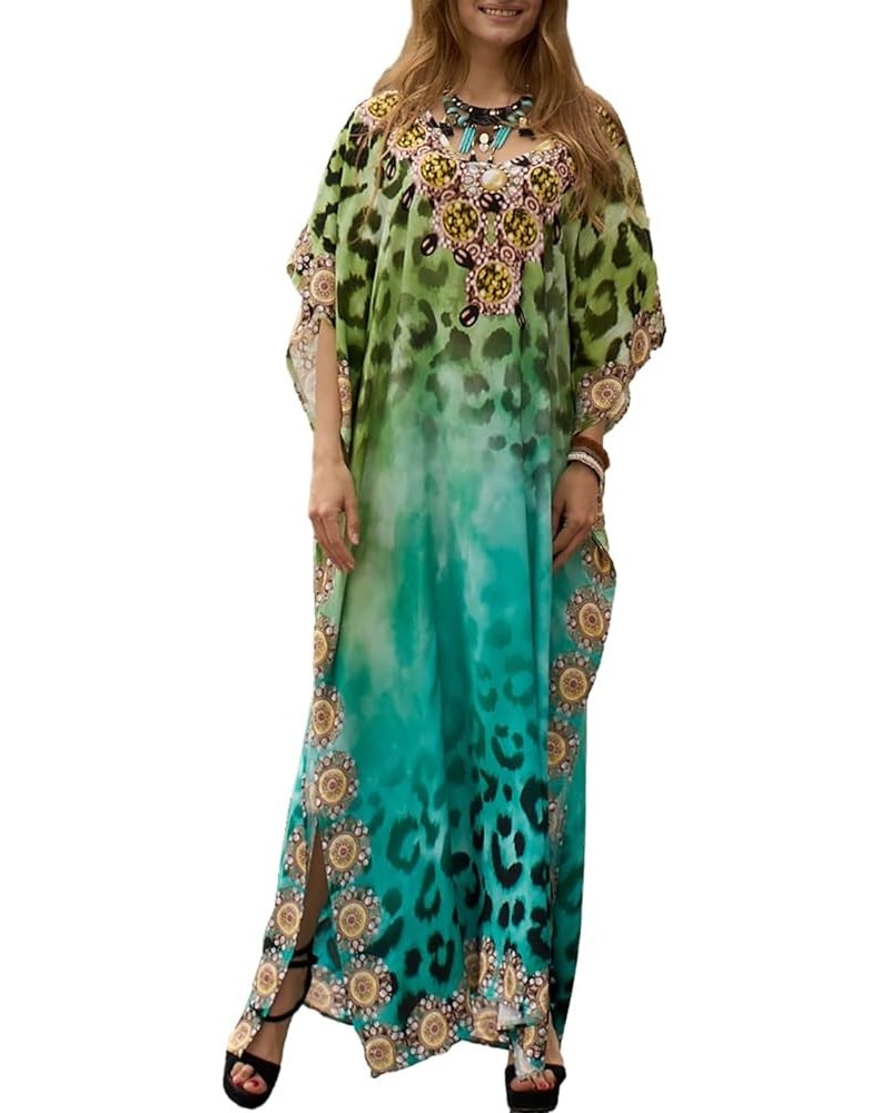 Kaftan Dresses for Women Short sleeve Ethnic Print Caftan Dresses V-neck Bathing Suit Cover-Ups Leopard-green $14.62 Swimsuits