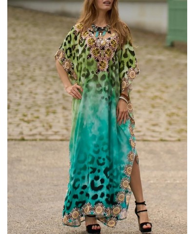 Kaftan Dresses for Women Short sleeve Ethnic Print Caftan Dresses V-neck Bathing Suit Cover-Ups Leopard-green $14.62 Swimsuits