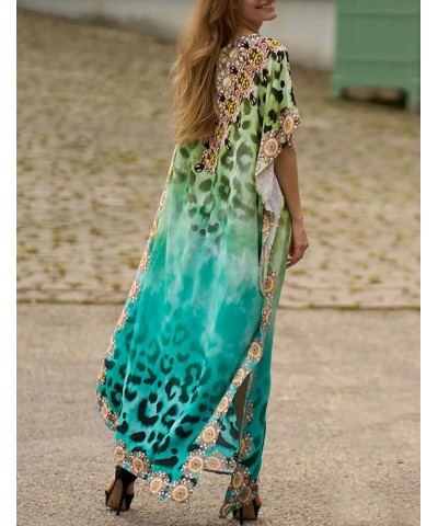 Kaftan Dresses for Women Short sleeve Ethnic Print Caftan Dresses V-neck Bathing Suit Cover-Ups Leopard-green $14.62 Swimsuits