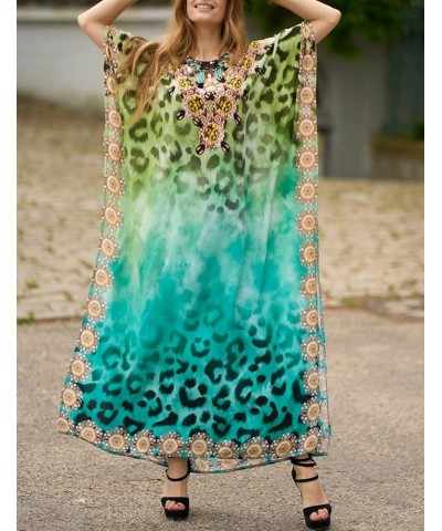 Kaftan Dresses for Women Short sleeve Ethnic Print Caftan Dresses V-neck Bathing Suit Cover-Ups Leopard-green $14.62 Swimsuits