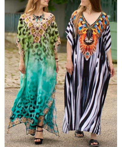 Kaftan Dresses for Women Short sleeve Ethnic Print Caftan Dresses V-neck Bathing Suit Cover-Ups Leopard-green $14.62 Swimsuits