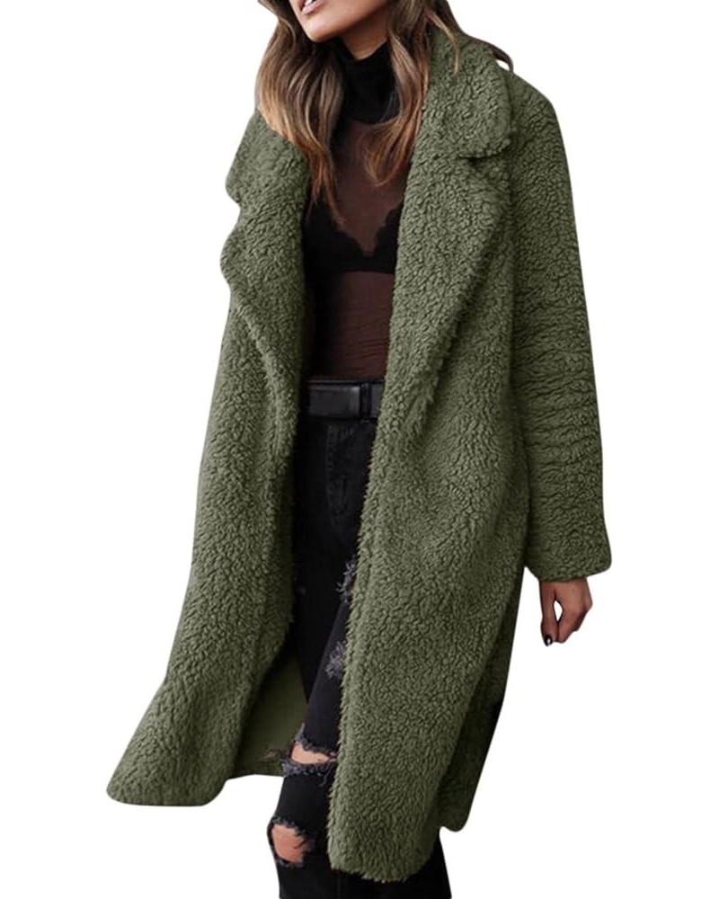 Women's Faux Fur Winter Coats Fuzzy Fleece Lapel Open Front Long Cardigan Coat 2023 Thick Warm Sherpa Outwear Jackets A0-army...