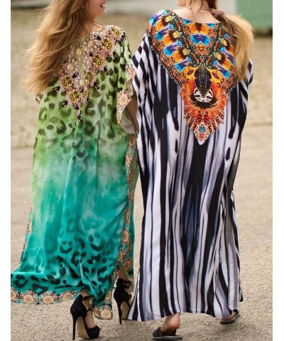 Kaftan Dresses for Women Short sleeve Ethnic Print Caftan Dresses V-neck Bathing Suit Cover-Ups Leopard-green $14.62 Swimsuits