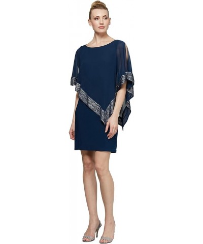 Women's Short Capelet Overlay Dress with Metallic Trim New Navy Silver $47.73 Dresses