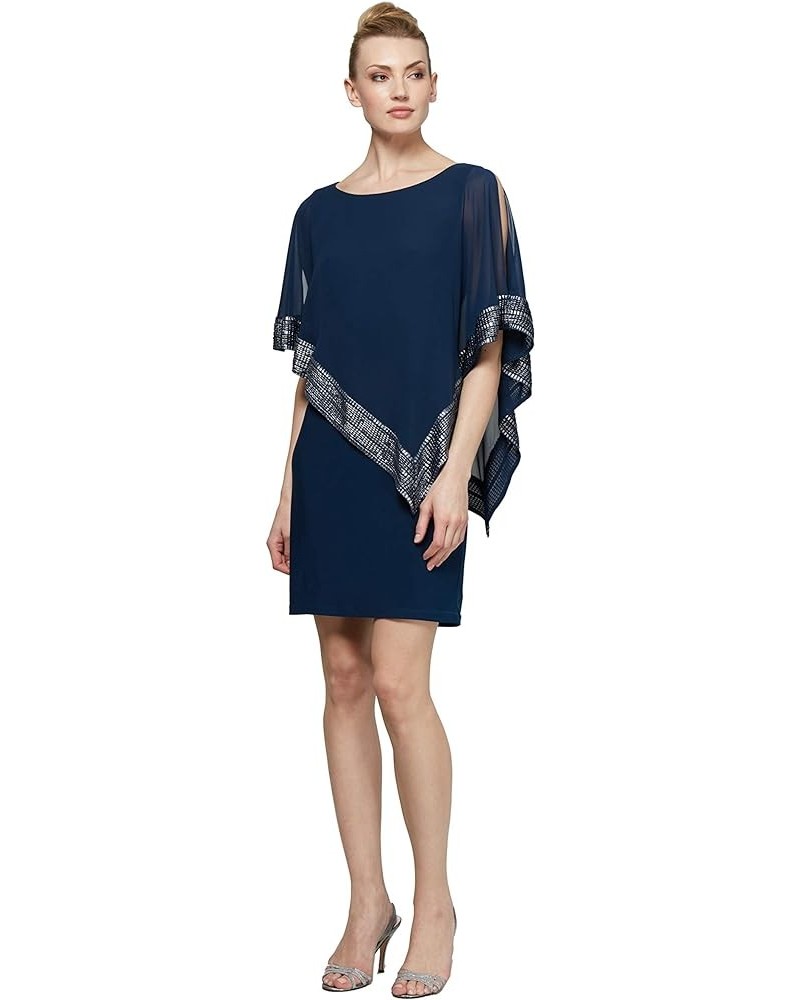 Women's Short Capelet Overlay Dress with Metallic Trim New Navy Silver $47.73 Dresses