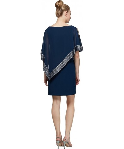 Women's Short Capelet Overlay Dress with Metallic Trim New Navy Silver $47.73 Dresses