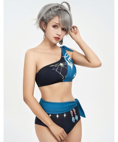 Women Anime Derivative One Shoulder Swimsuit Two Piece Bathing Suit High Waisted Bikini Cute Swimwear Standard Blue Black $14...