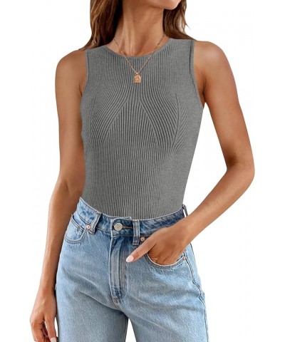 Womens Ribbed Tank Tops 2024 Summer Sleeveless High Neck Casual Slim Fitted Basic Knit Shirts Grey $14.74 Tanks