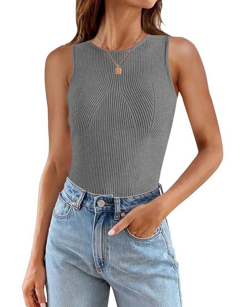 Womens Ribbed Tank Tops 2024 Summer Sleeveless High Neck Casual Slim Fitted Basic Knit Shirts Grey $14.74 Tanks