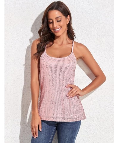 Women's All Over Sequin Top Shimmer Strappy Camisole Sparkly Tank Tops Party Shirts Pink $10.10 Tanks