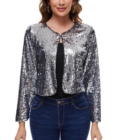 Women's Sequin Jacket Long Sleeve Open Front Sparkly Shrugs Glitter Cropped Bolero Cardigans Silvery $24.18 Blazers