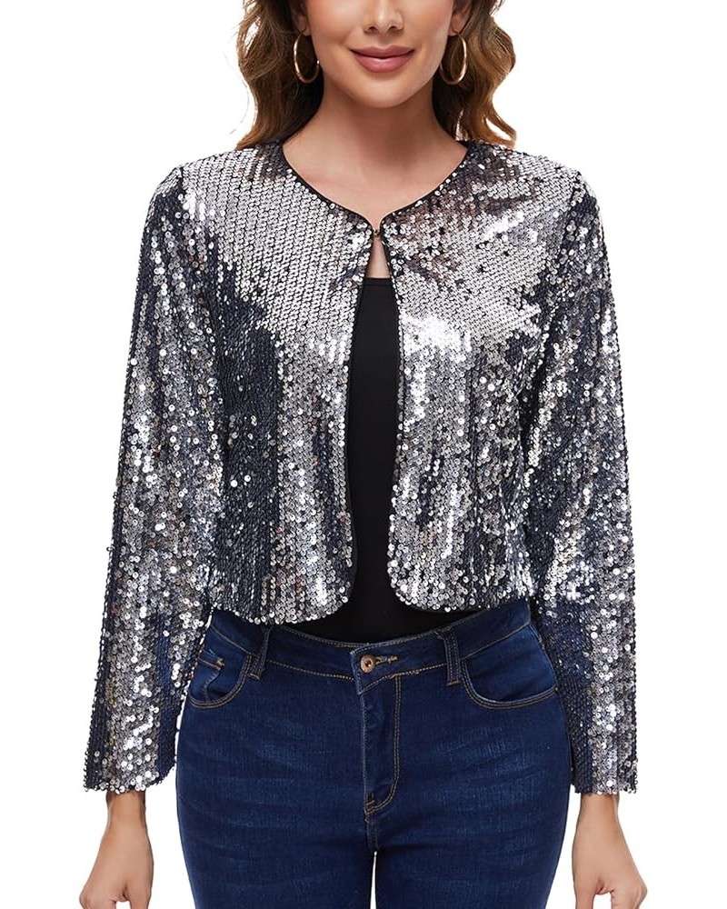 Women's Sequin Jacket Long Sleeve Open Front Sparkly Shrugs Glitter Cropped Bolero Cardigans Silvery $24.18 Blazers