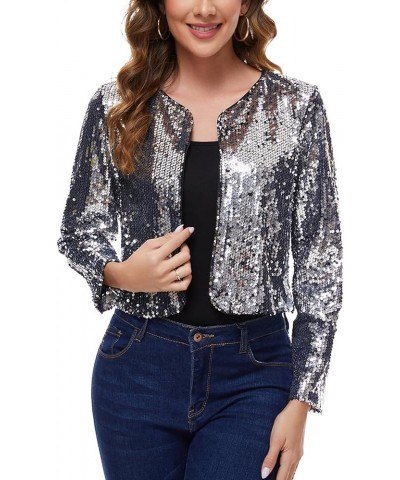 Women's Sequin Jacket Long Sleeve Open Front Sparkly Shrugs Glitter Cropped Bolero Cardigans Silvery $24.18 Blazers