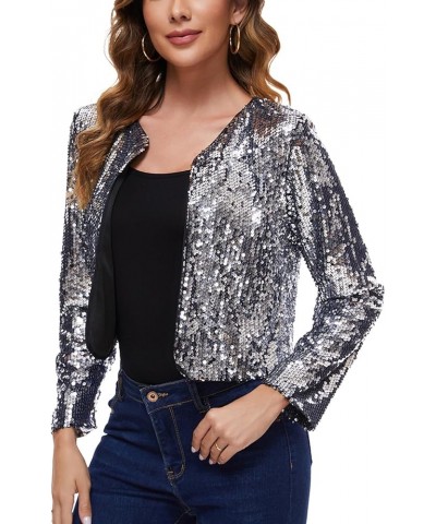 Women's Sequin Jacket Long Sleeve Open Front Sparkly Shrugs Glitter Cropped Bolero Cardigans Silvery $24.18 Blazers