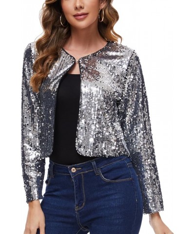 Women's Sequin Jacket Long Sleeve Open Front Sparkly Shrugs Glitter Cropped Bolero Cardigans Silvery $24.18 Blazers