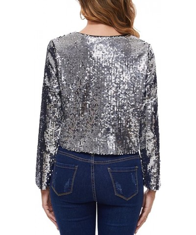 Women's Sequin Jacket Long Sleeve Open Front Sparkly Shrugs Glitter Cropped Bolero Cardigans Silvery $24.18 Blazers