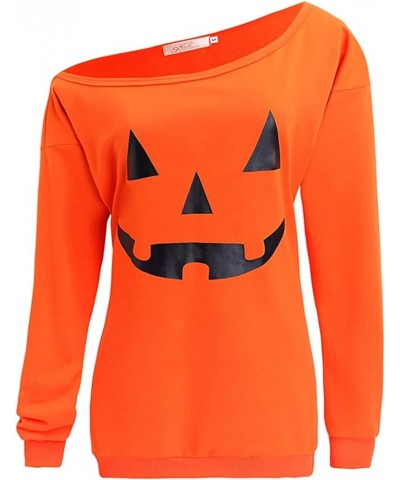 Women Halloween Off Shoulder Sweatshirt Slouchy Shirt Pumpkin Long Sleeve Pullover Tops A-orange $10.57 Hoodies & Sweatshirts